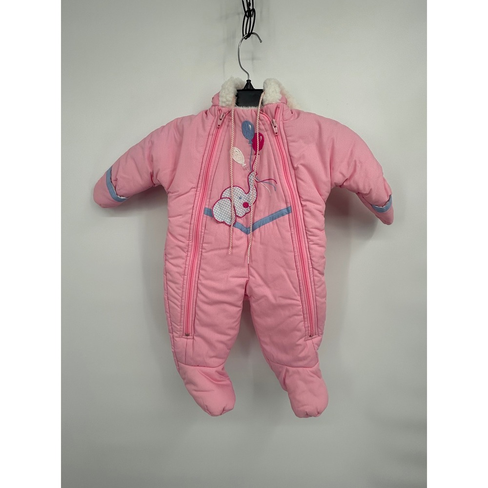 Vintage‎ Baby Padded Snowsuit Jumpsuit Pink Elephant Balloons Winter Outfit